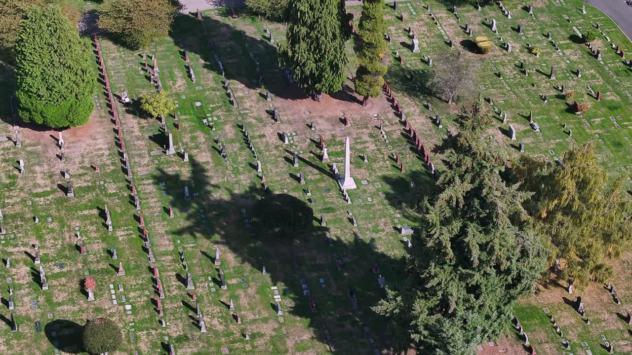 Lake View Cemetery, Capitol Hill Area of Seattle, Washington State, United States. Aerial Drone Shot