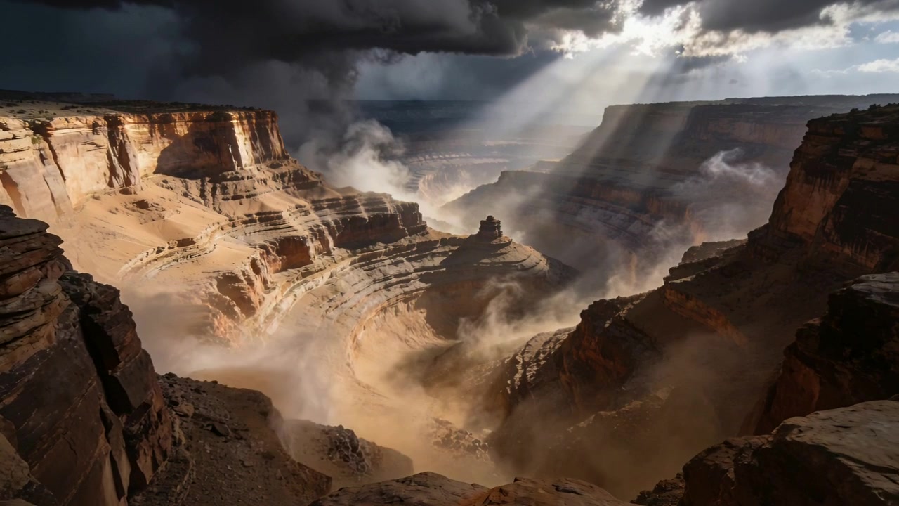 Squarciando le nuvole temporalesche, la luce del sole proietta raggi sul bordo del canyon, sollevando polvere sopra un'altura.
