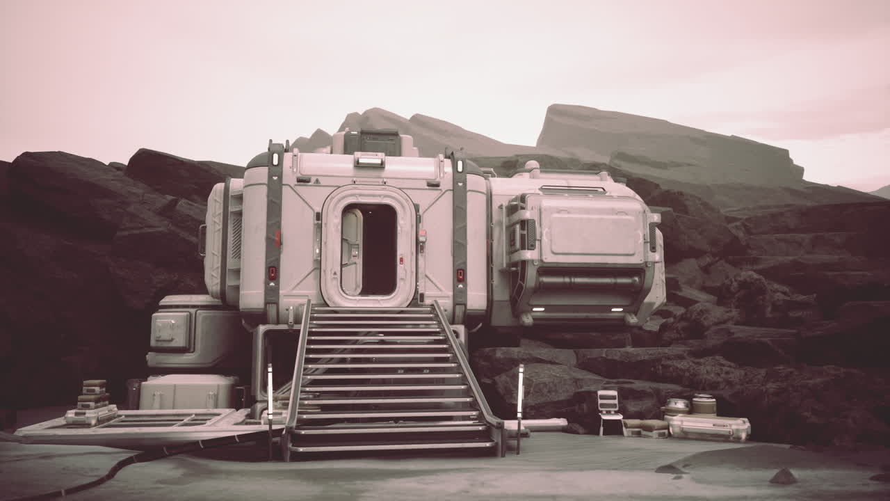 Spaceship facing mountain