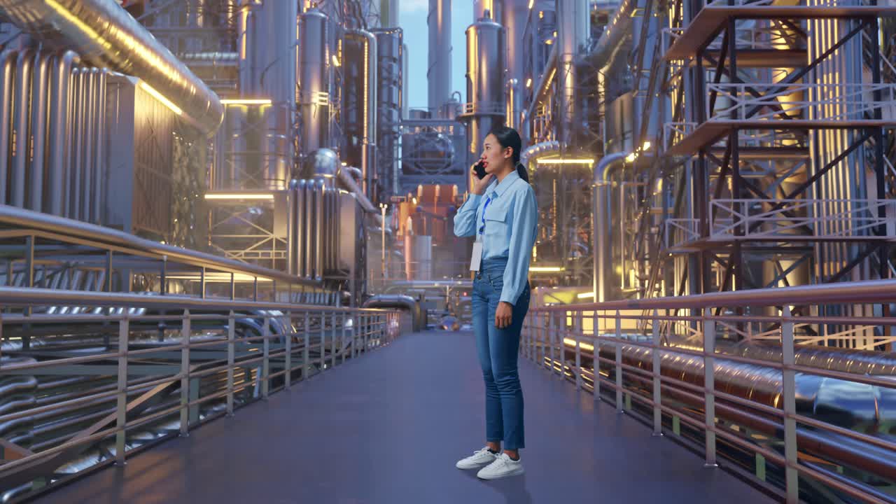 Full Body Side View Of An Asian Female Professional Worker Standing At A Vast Oil Refinery, She Is Speaking With Someone In The Phone