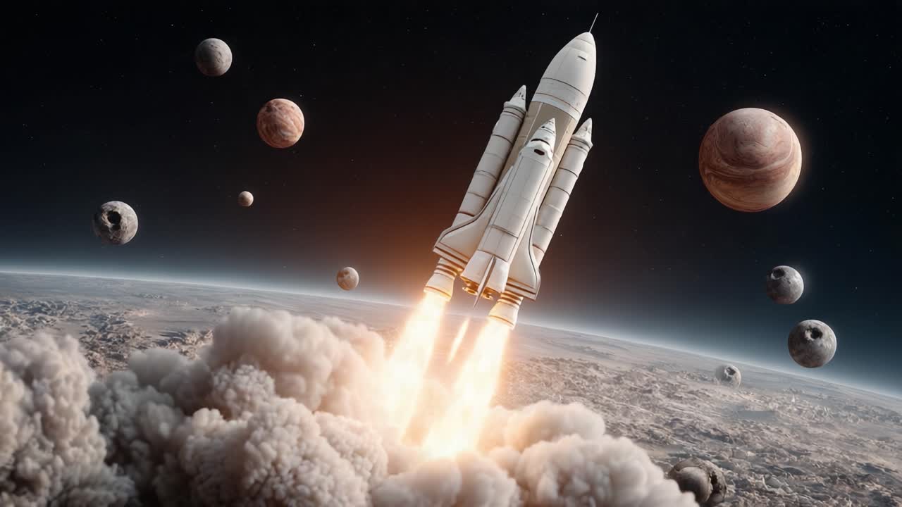 A powerful rocket launches into space, surrounded by celestial bodies, showcasing the beauty and excitement of space exploration and the mysteries of the universe