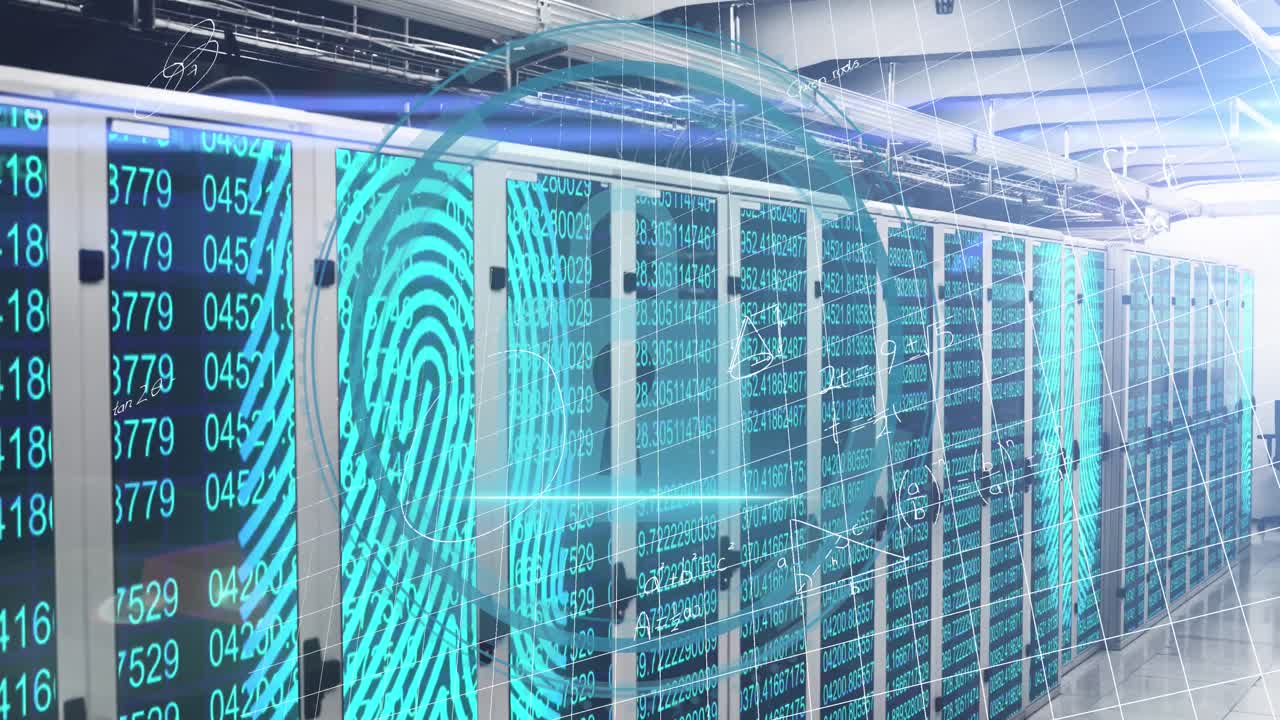 Animation of cyber security text with scope scanning and mathematical equations over server room