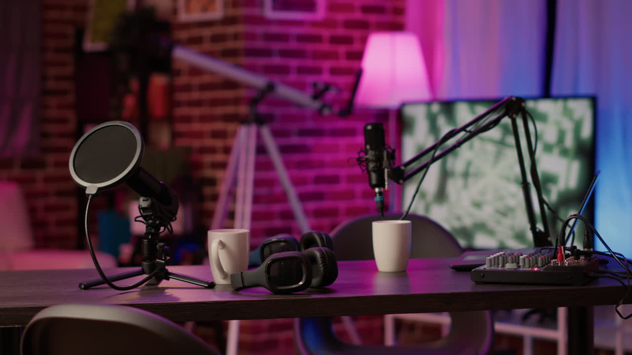Closeup of headphones and professional microphone on empty vlogger desk ready for live talk show broadcast