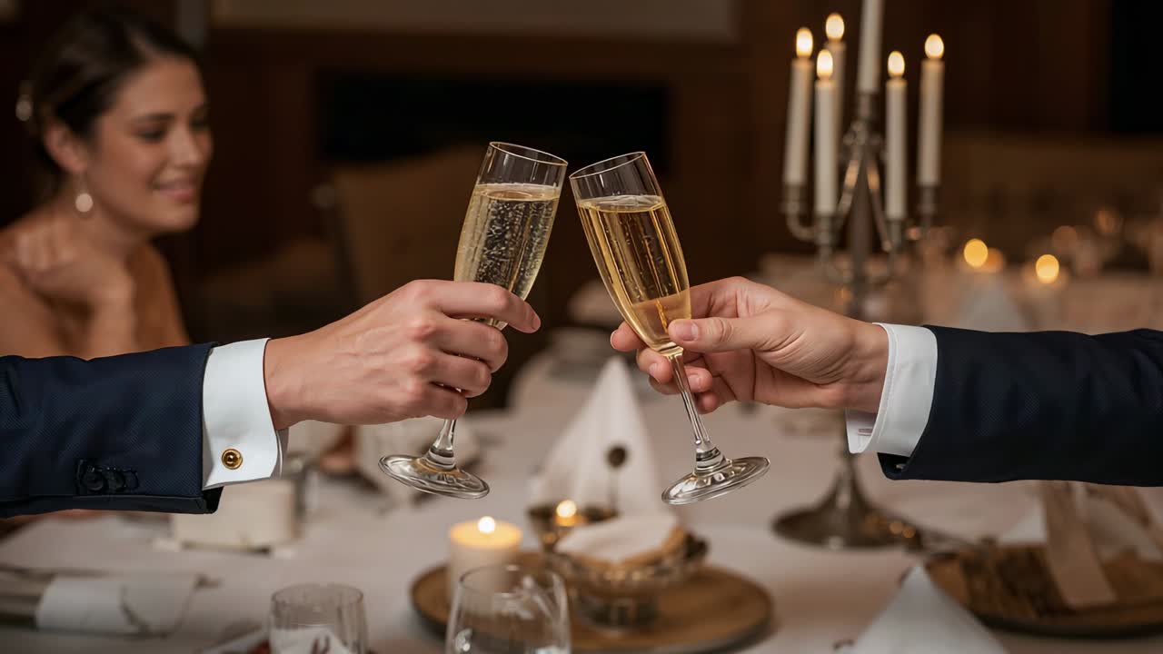 Raising hands in suits clinking champagne at table with candles, guest in sleeveless dress toasting