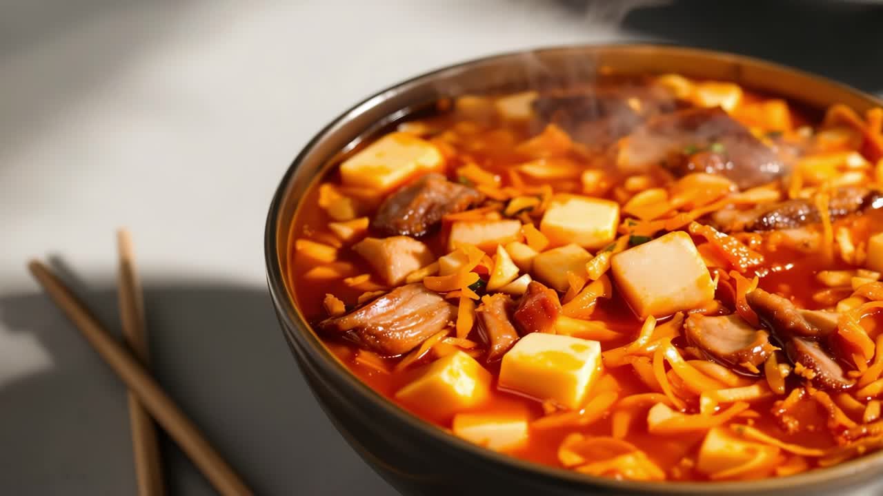 Steaming bowl of flavorful Asian soup featuring tofu, tender meat, and fresh vegetables, creating a comforting and delicious meal