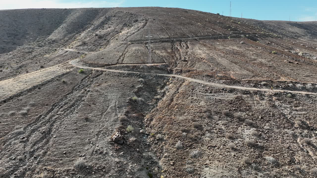 fantástica toma aérea panorámica de dos hombres con sus bicicletas de montaña montando en la carretera en un paisaje desértico