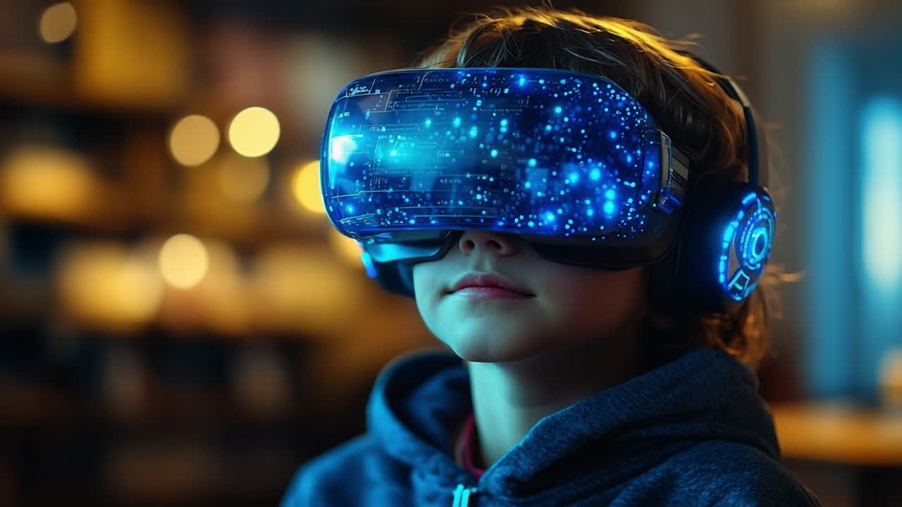 Child uses VR technology. A child experiences an immersive virtual reality environment while wearing a high-tech headset and headphones indoors.