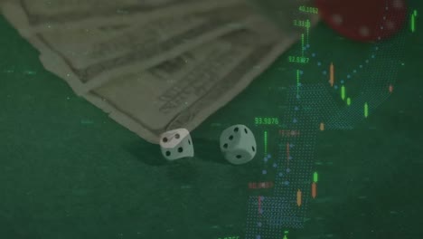 Animation-of-financial-data-processing-over-two-dice-and-american-dollar-bills-on-green-background