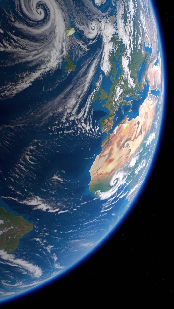 A stunning satellite view of Earth showcasing swirling clouds over the Atlantic Ocean