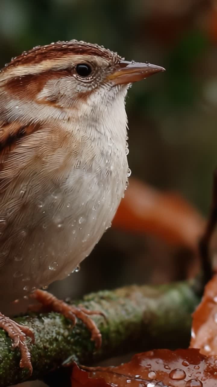 A Close-Up View of a Beautiful Bird, Showcasing Its Detailed Features and Raindrops on Its Feathers, Perched on a Branch Surrounded by Nature's Splendor