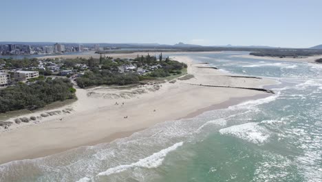 Calm-Waves-and-Sandy-Shores-of-Maroochydore-Beach,-Queensland,-Australia,-Aerial-Shot