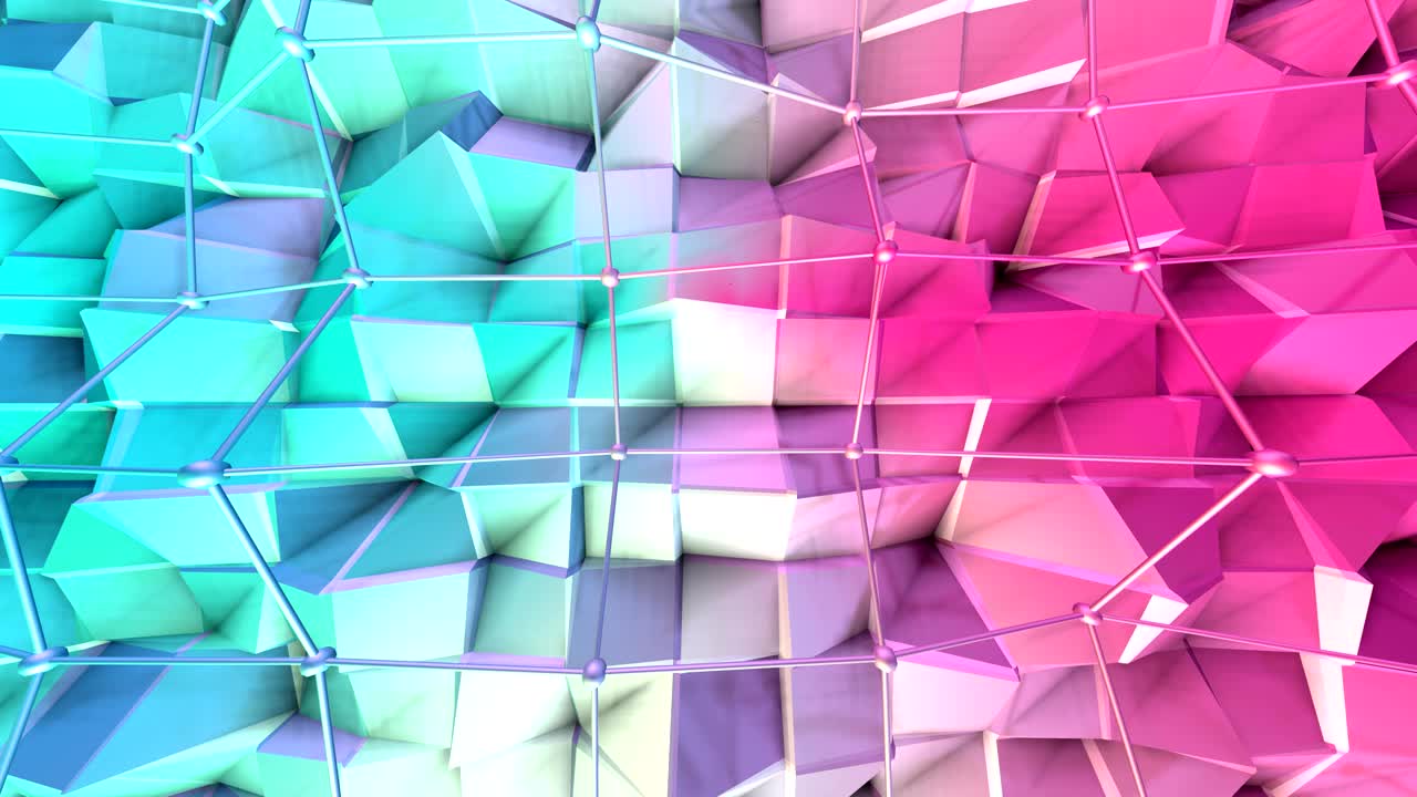 Low poly 3D surface with flying grid or mesh and black spheres as CG background. Soft geometric low poly background of pure blue pink red polygons. 4K Fullhd seamless loop background