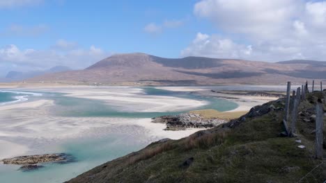 scenic landscape view of coastal environment in rural countryside with mountainous terrain on the isle of lewis and harris, outer hebrides, western scotland uk