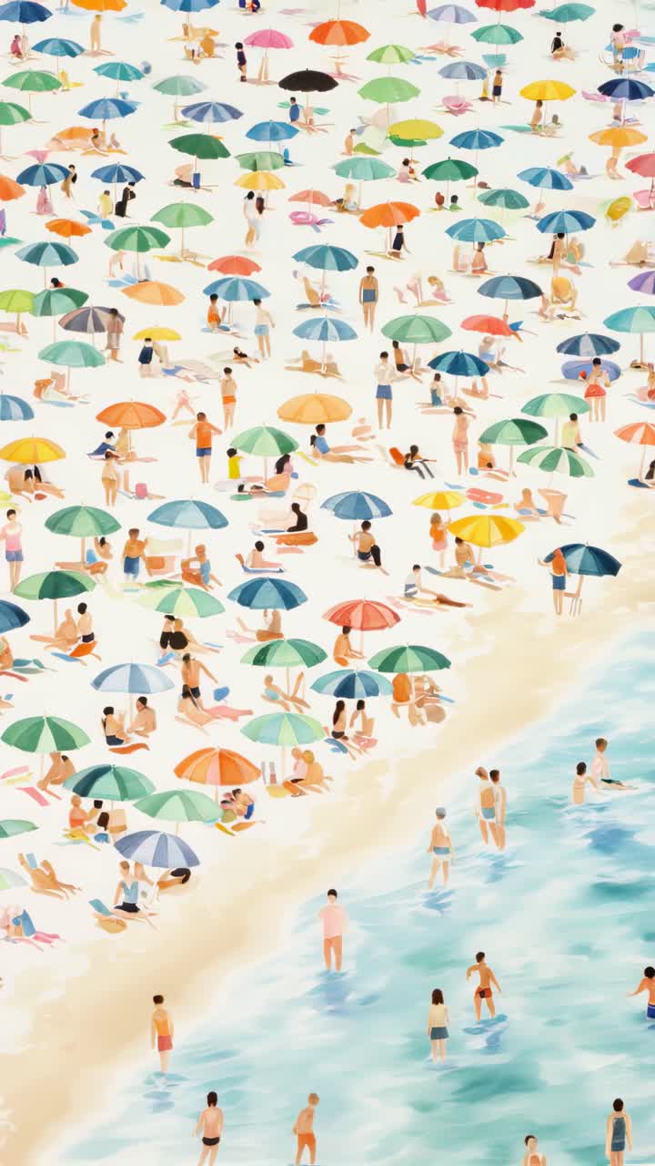 Aerial view of a vibrant beach scene with colorful umbrellas and sunbathers