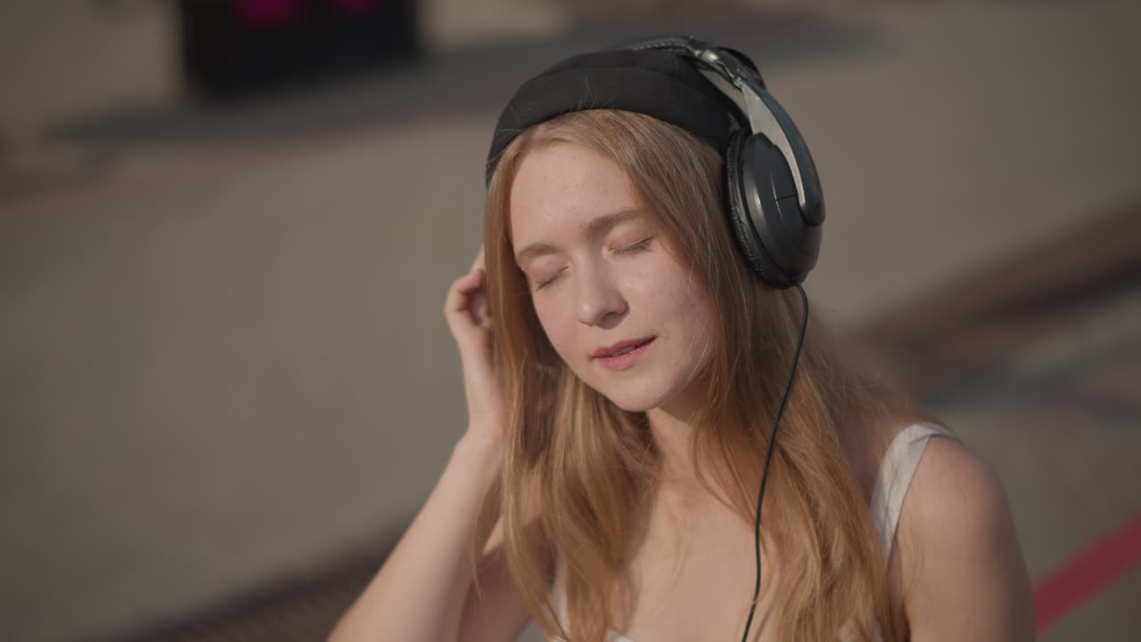 Ragazza bianca che ascolta musica all'aperto con un berretto e cuffie over-ear, capelli rossi e lentiggini, sorriso rilassato, occhi chiusi, che annuisce a ritmo di musica su un marciapiede assolato, atmosfera di un pomeriggio estivo