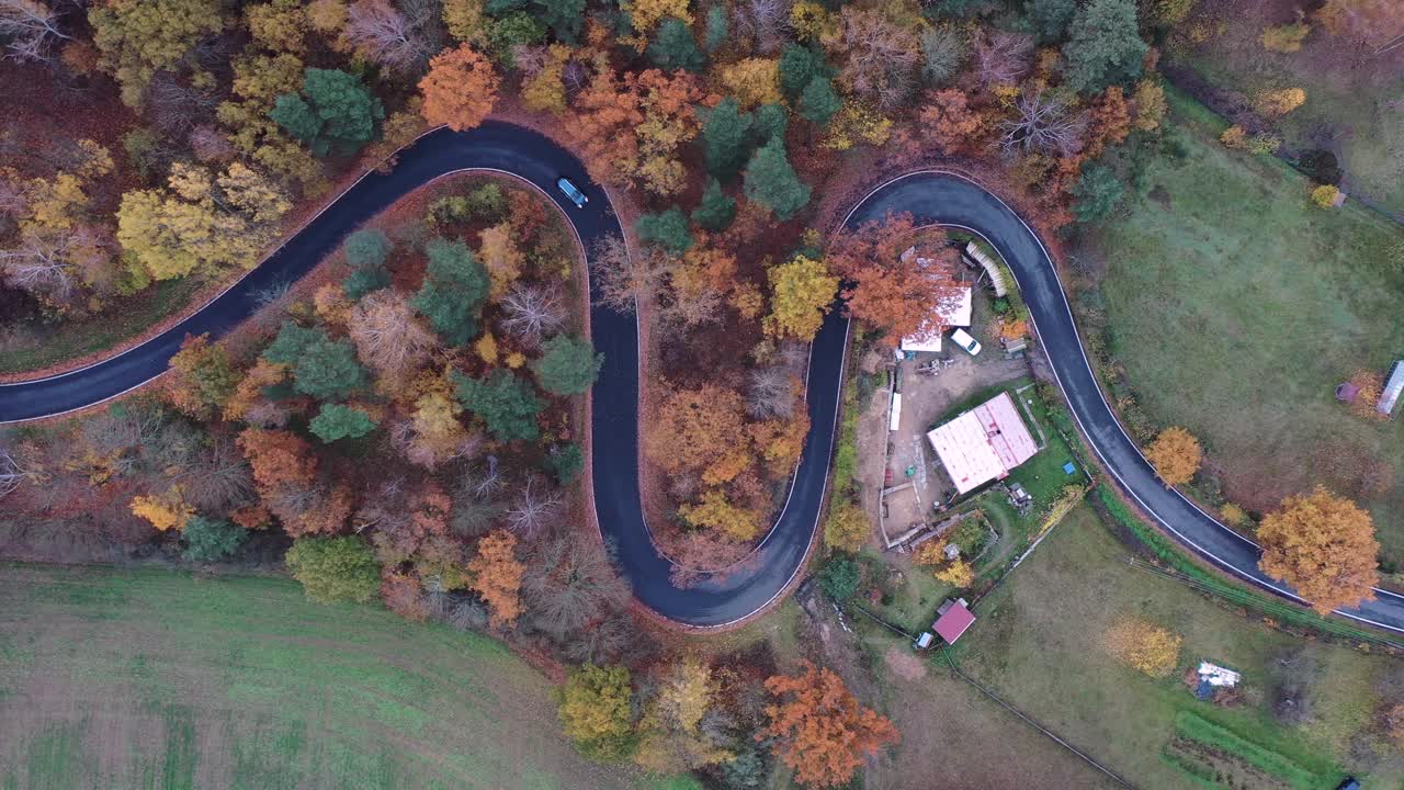 vista aérea de arriba hacia abajo del coche en una carretera rural con curvas con colores de follaje otoñal en la república checa rural