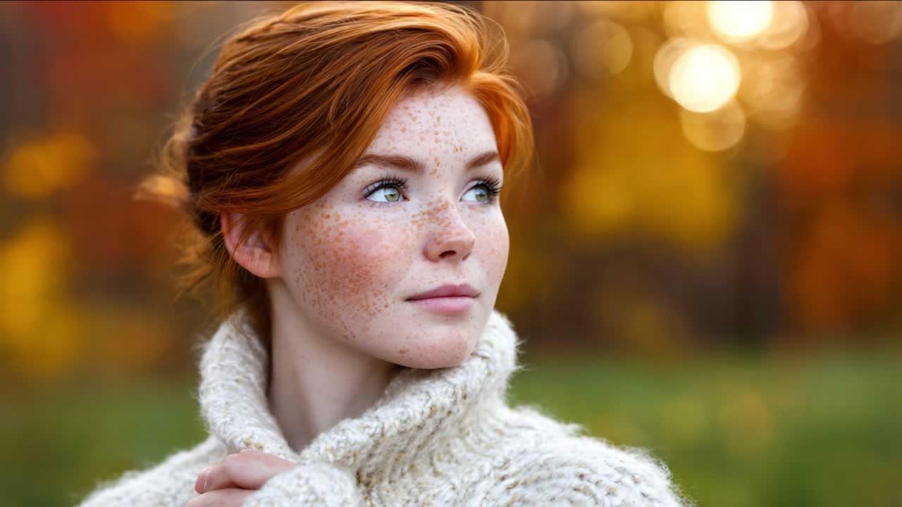 A contemplative moment captured in nature, featuring a young woman with striking red hair and freckles, embraced by the warm hues of autumn's foliage