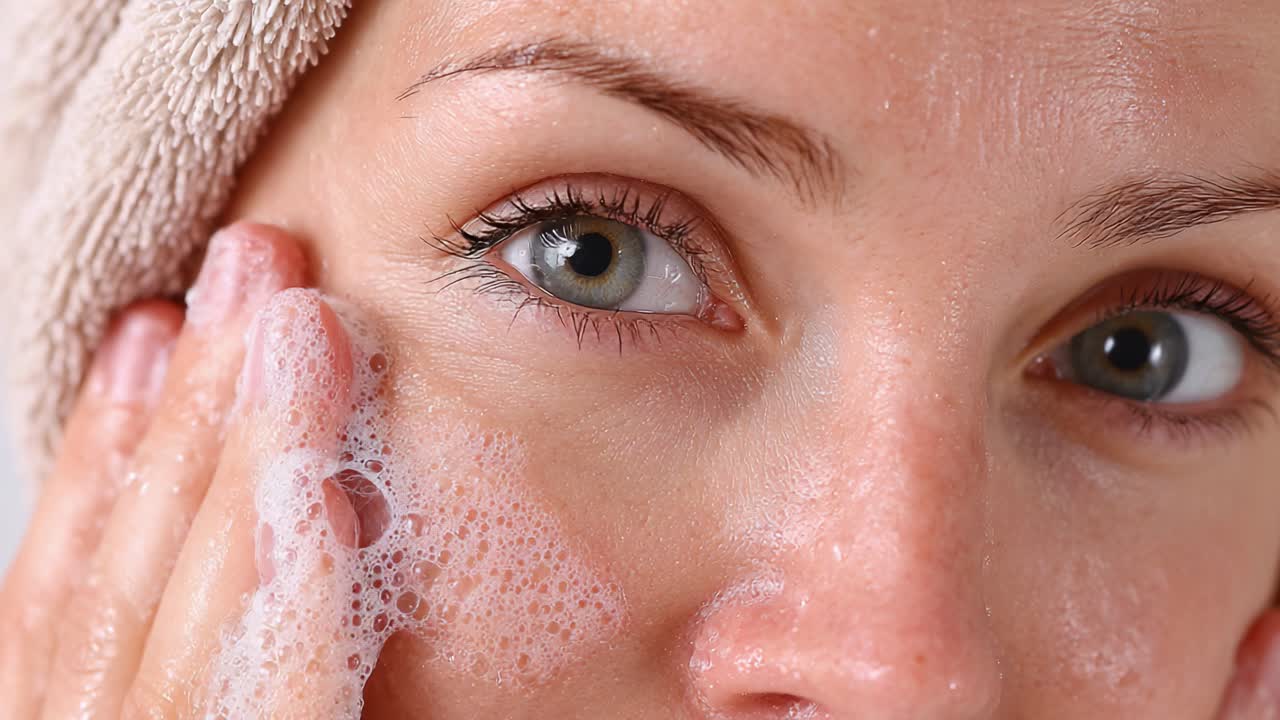 Refreshing Skincare Routine: A Close-Up of Cleanser Application on a Woman's Face, Highlighting the Importance of Facial Cleansing for Radiant Skin