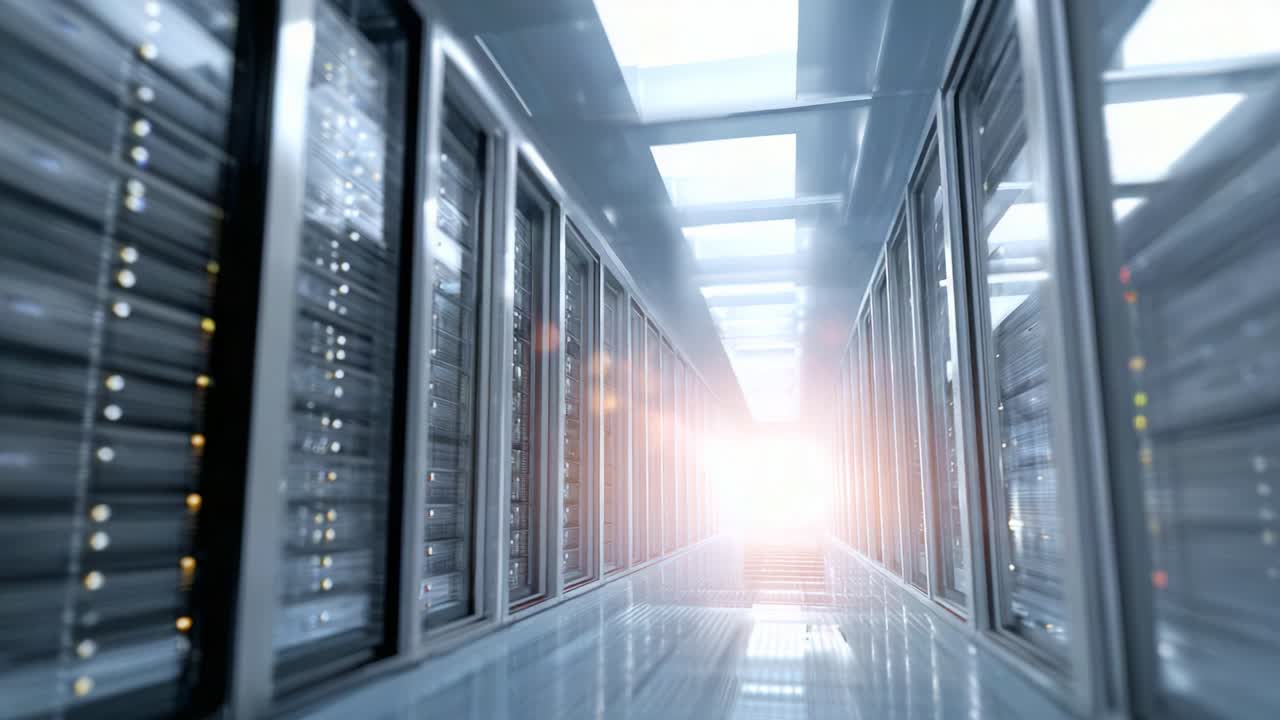 A Modern Data Center Corridor Showcasing Advanced Server Racks and Bright Lighting, Creating a Futuristic and Efficient Tech Environment