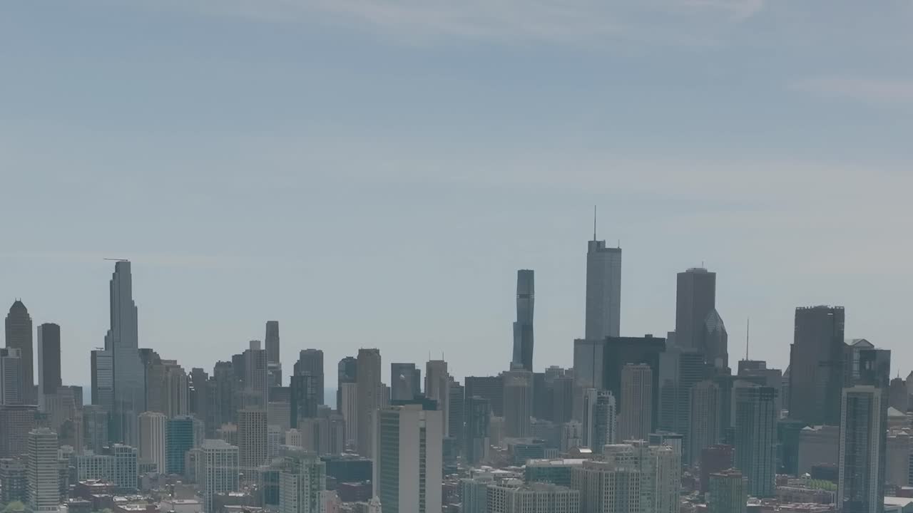 Aerial view of Chicago skyline showing buildings and urban landscape