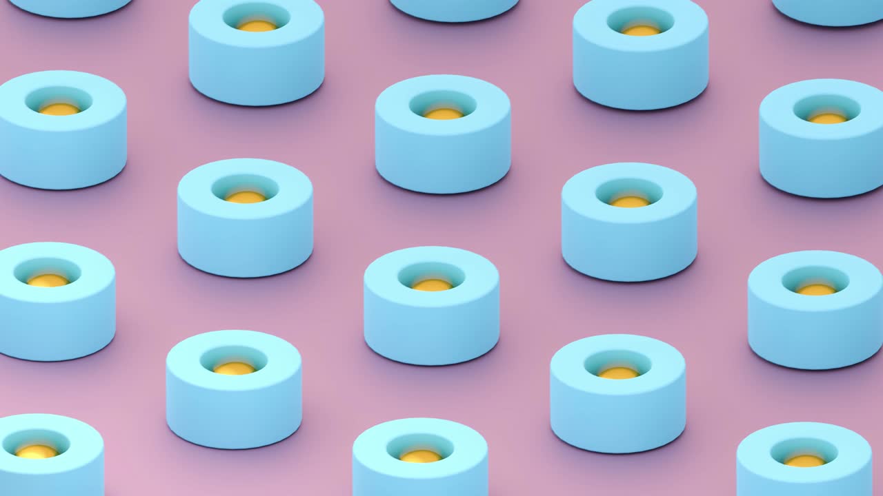 3d render: Precision concept - seamless loop of an array of golden balls jumping from moving ring to moving ring. Isometric perspective