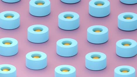 3d render: precision concept - seamless loop of an array of golden balls jumping from moving ring to moving ring. isometric perspective