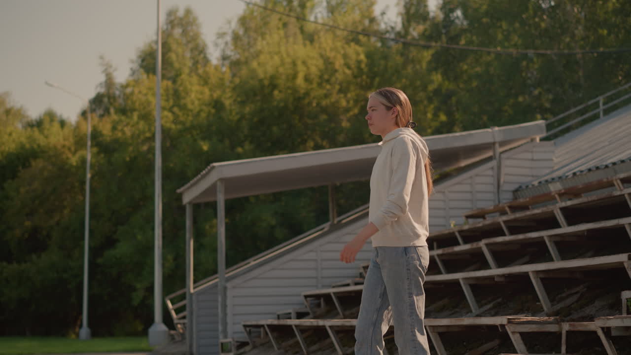 느한 자세로 경기장 계단을 사려 깊게 내려가는 여성, 캐주얼 후디와 청바지, 배경에는 시골 스타디움 좌석, 전기 기둥, 울창한 나무가 포함되어 있습니다.