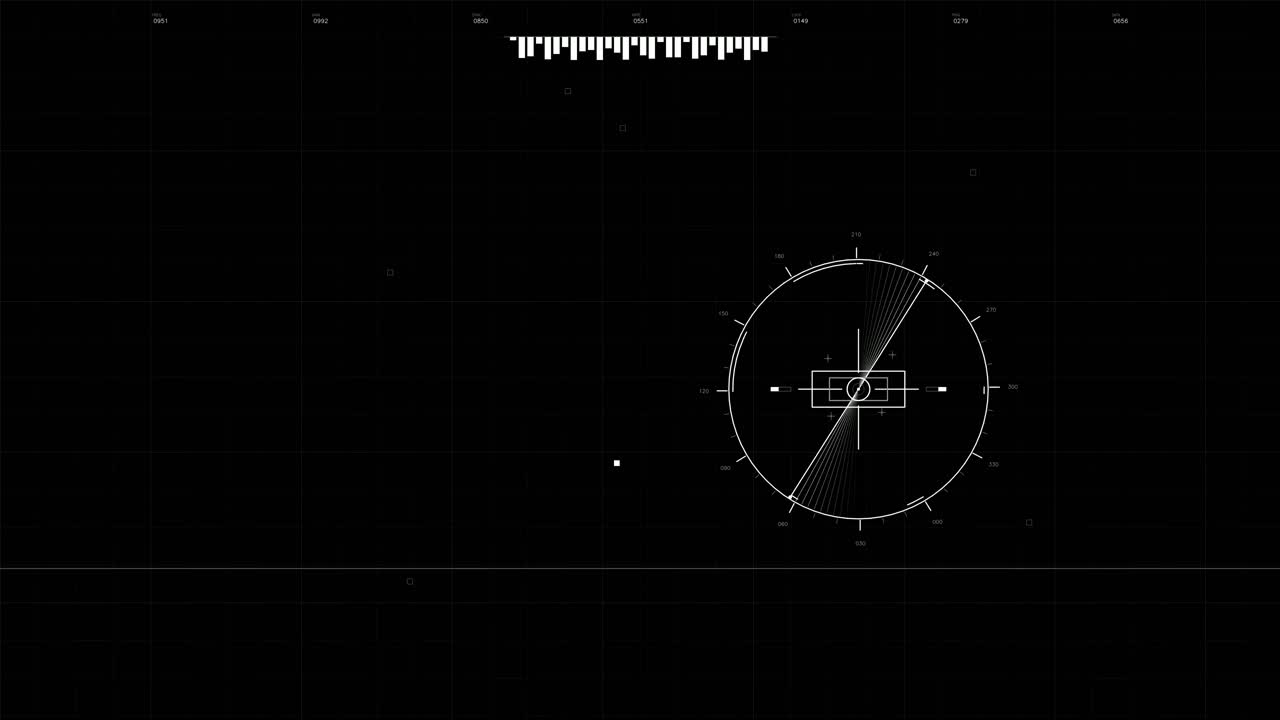 L'animazione mostra un'interfaccia utente grafica militare con un display di puntamento e informazioni di tracciamento. Gli elementi evidenziano uno scenario di combattimento futuristico con dati visivi precisi.
