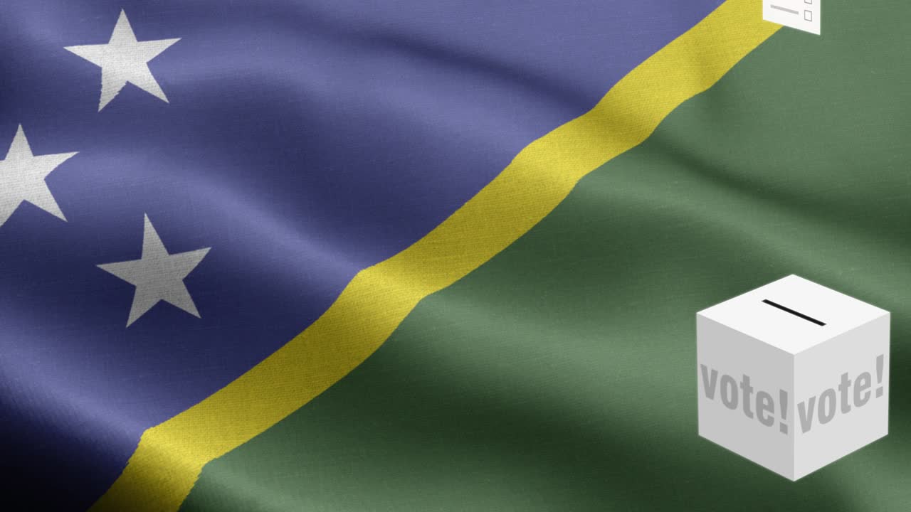 las papeletas de votación vuelan a la caja para la selección de las islas salomón - caja de votación frente a la bandera - elección - voto - bandera de las isles salomón - bandera de las islas salomon detalle alto - bandera nacional de las isla salomón patrón de onda elementos loopable