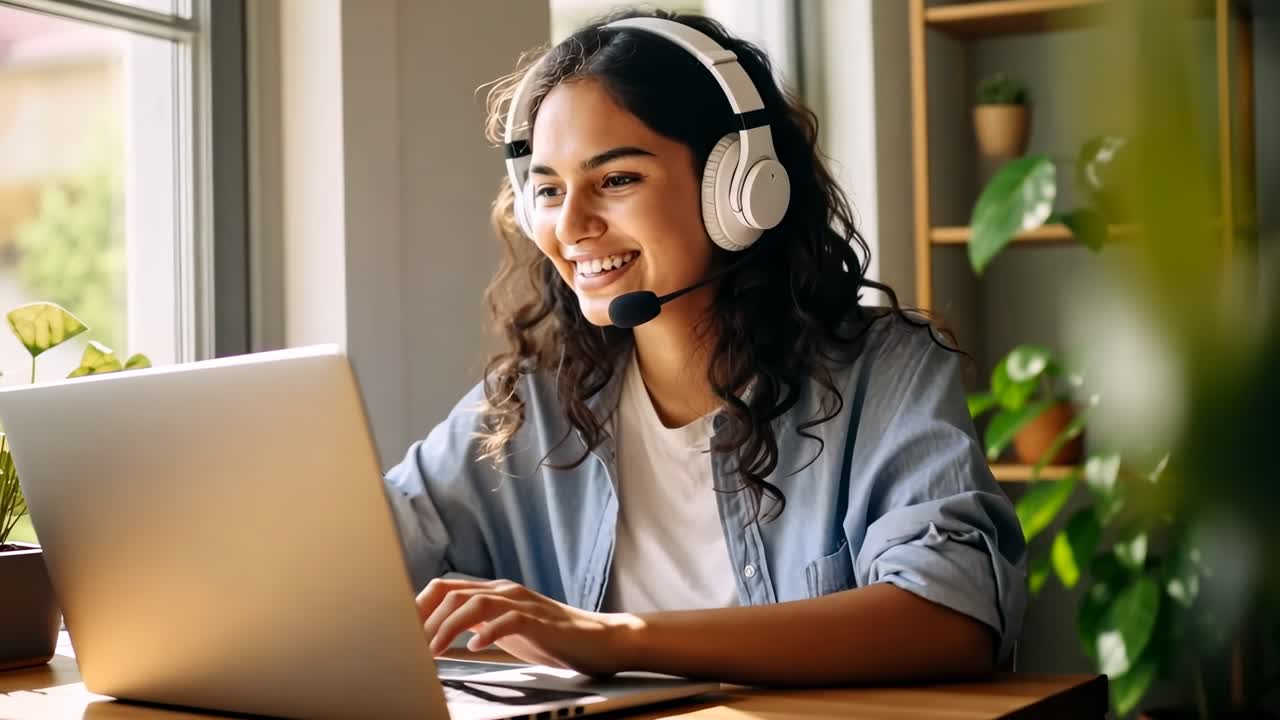 Una donna con le cuffie sorride durante una videochiamata, ripresa da un angolo laterale