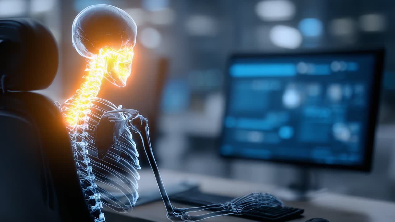Anatomisk fremstilling af et menneskeligt skelet med moderne teknologi i et kontormiljø: Skæringspunktet mellem biologi og digitale arbejdsområder.