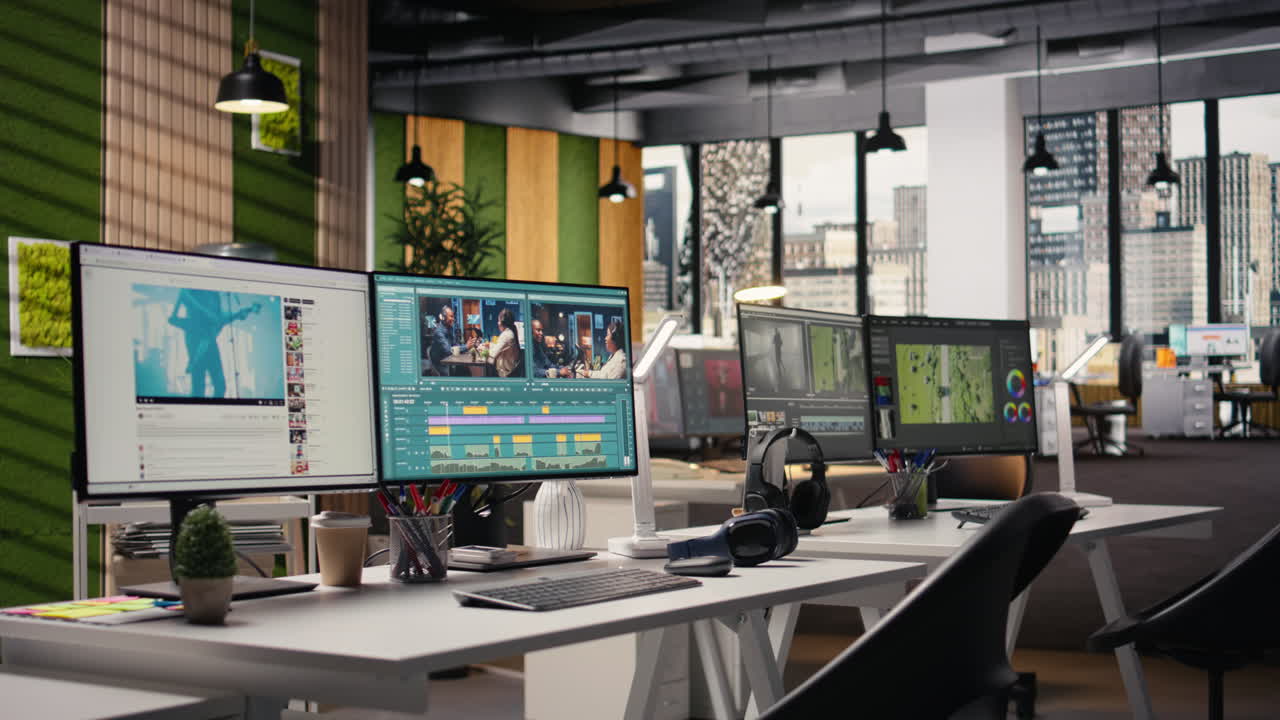 Progetto di editing video, spazio di lavoro in studio, senza persone, pannelli per effetti visivi