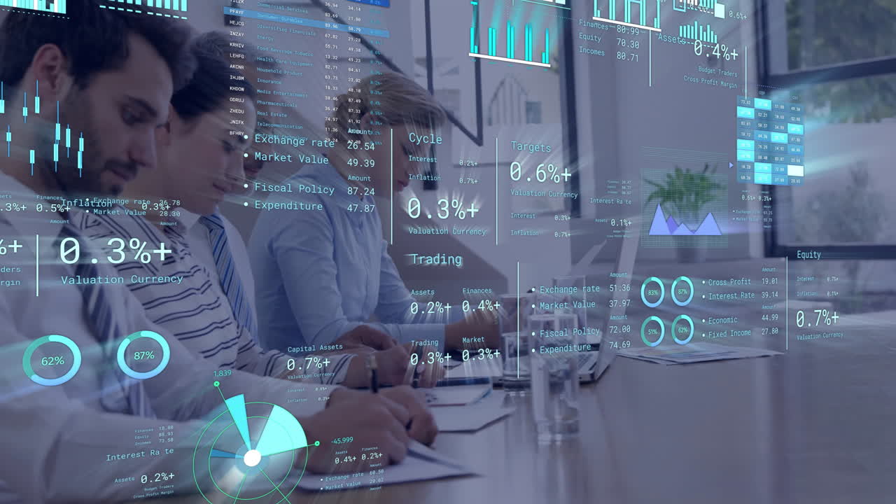 animación de datos y análisis financieros sobre personas de negocios que trabajan en la oficina