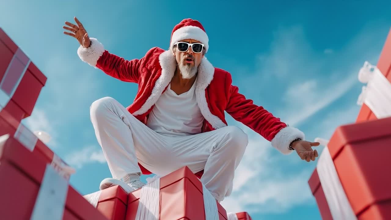 A man in a santa suit sitting on top of a pile of presents