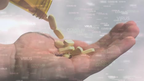 animación de múltiples palabras flotantes de covid-19 sobre una caja de pastillas caucásica que se sostiene en la mano