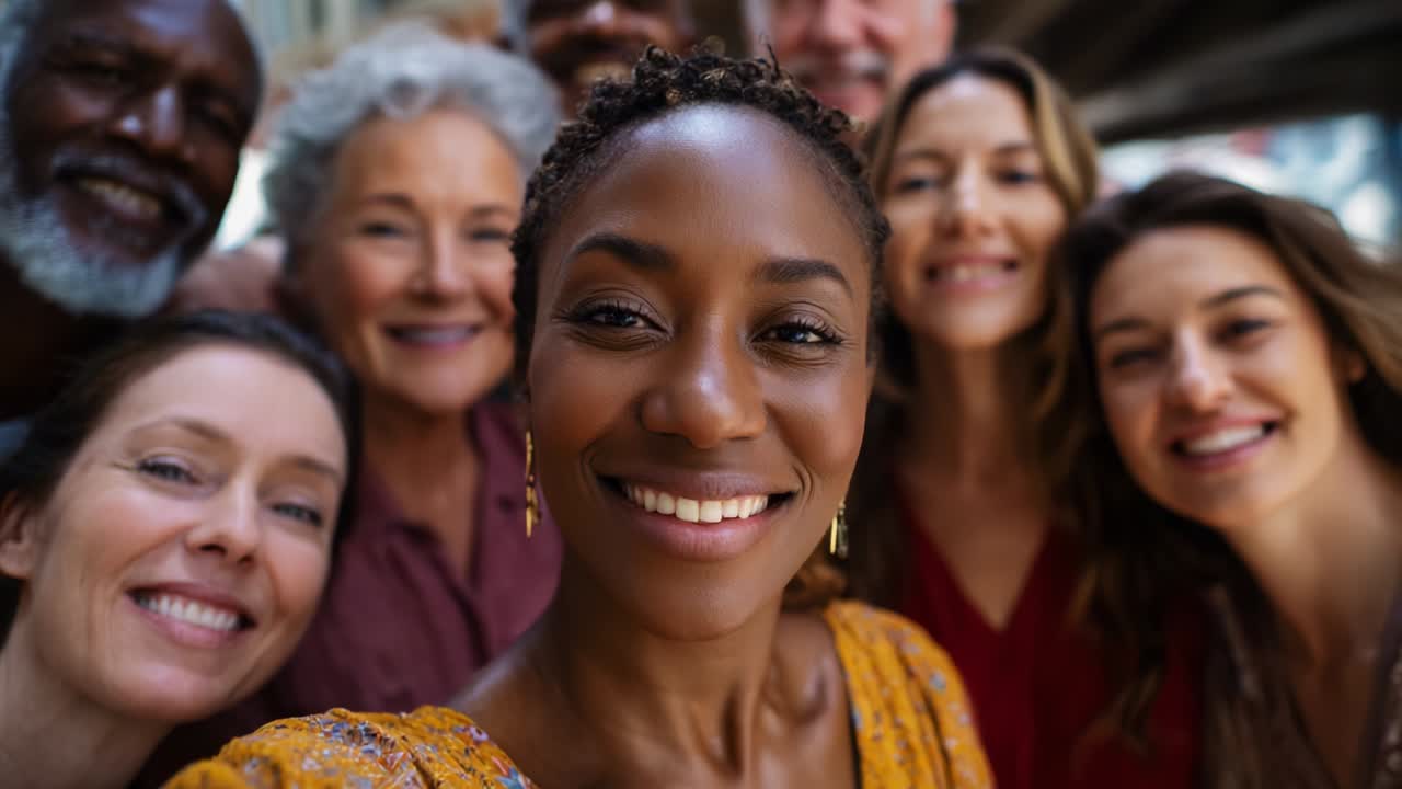 A joyful gathering of diverse individuals sharing smiles and laughter in a candid photo, showcasing a moment of togetherness and friendship under a sunny urban backdrop with vibrant expressions