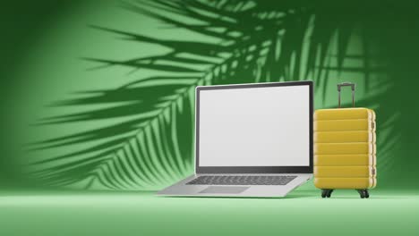 animación 3d de renderización de portátiles modernos y maletas de viaje concepto de remoto nómada digital trabajando en fondo verde