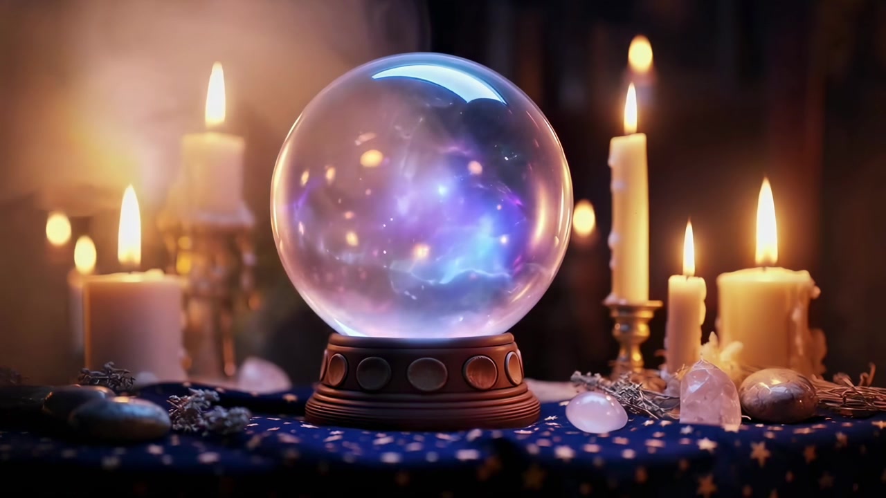 Bola Kristal Mistik dengan Nebula Bercahaya dan Lilin Berpijar