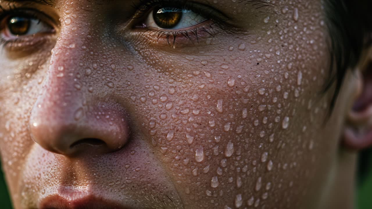 A Close-Up of a Person's Face with Water Droplets, Capturing Intense Emotion and Physical Response to Surroundings Highlighted by Natural Light and Texture