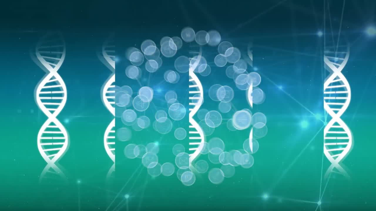 dna 가닥 위에 아이콘으로 연결된 네트워크의 애니메이션