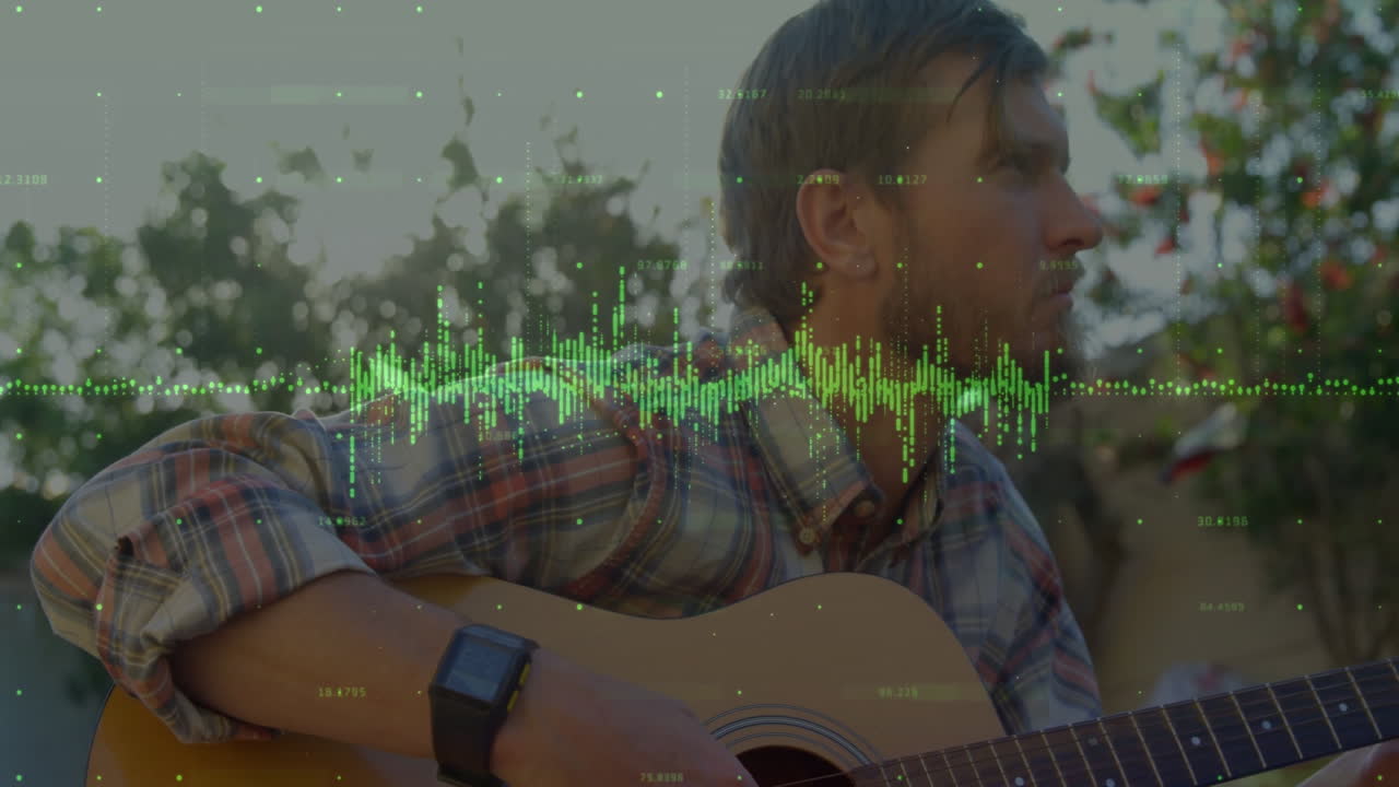 man wearing plaid shirt playing guitar in garden, showing green music soundwave overlay