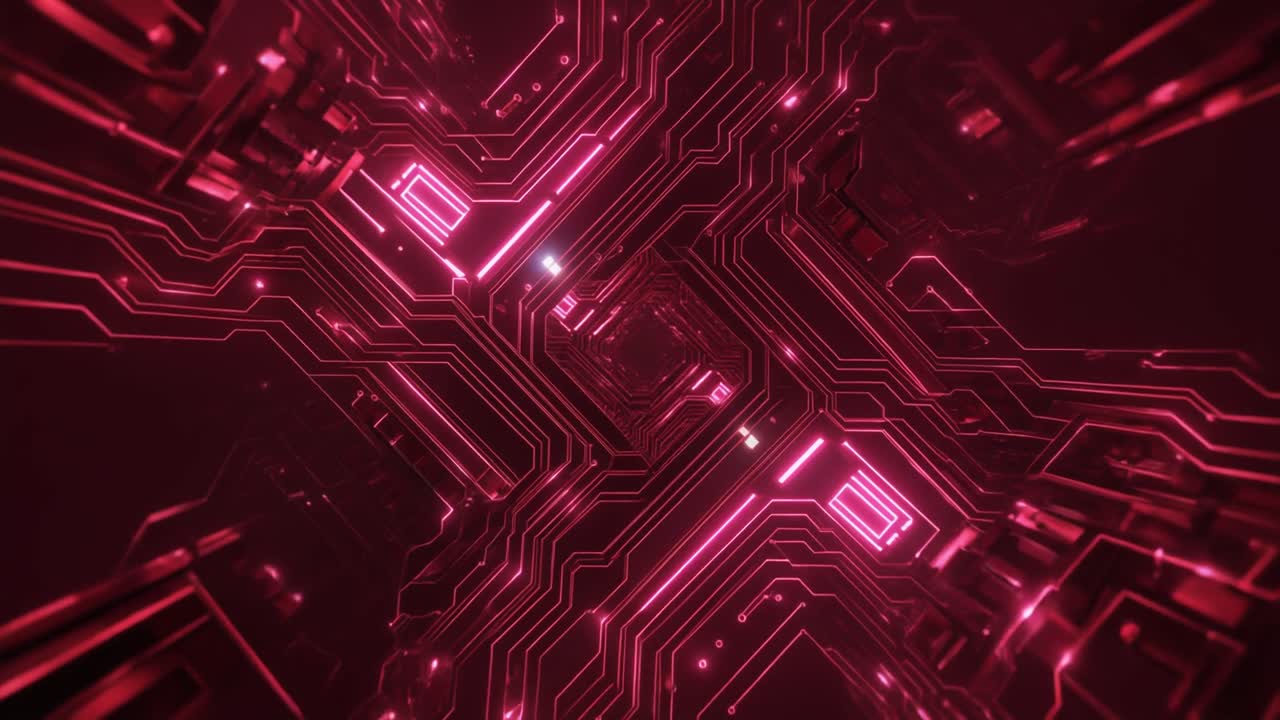 Volando attraverso un tunnel futuristico di circuito stampato rosso