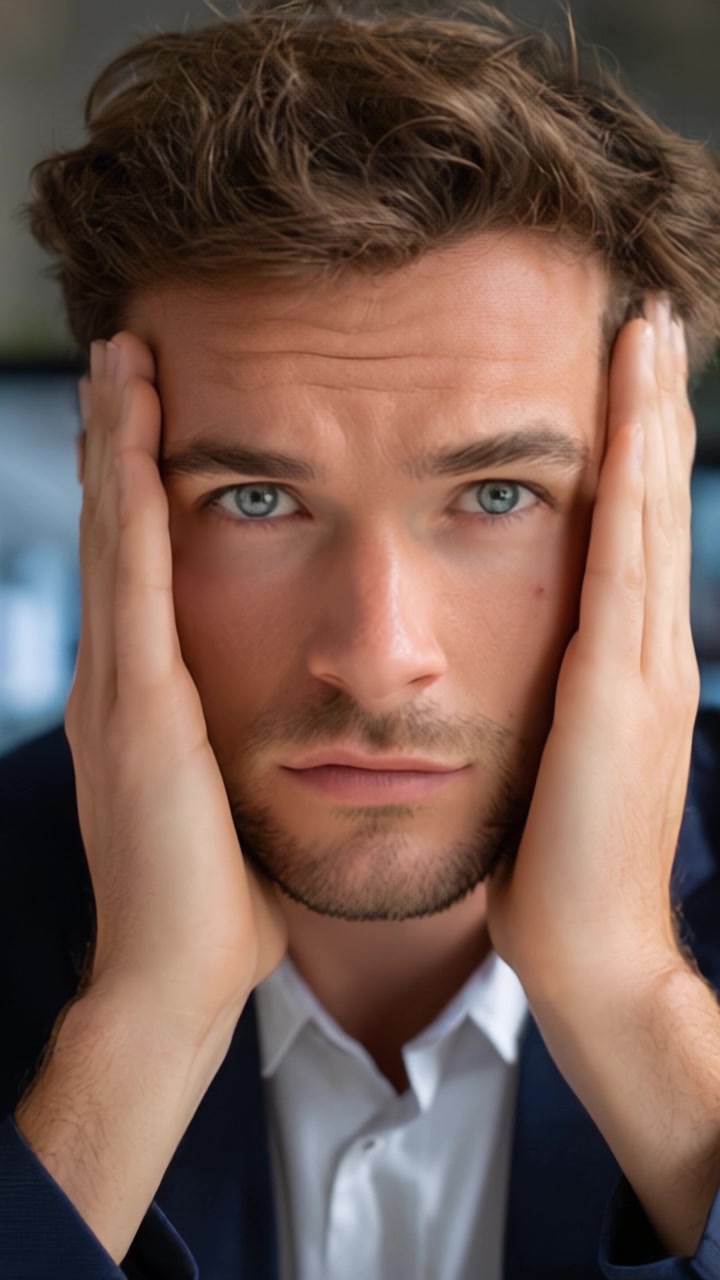 Un giovane uomo che mostra emozioni intense mentre si tiene il viso, dimostrando stress, ansia o contemplazione in un ambiente professionale