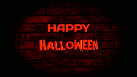 4k animation of neon sign happy halloween text animation on brickwall background