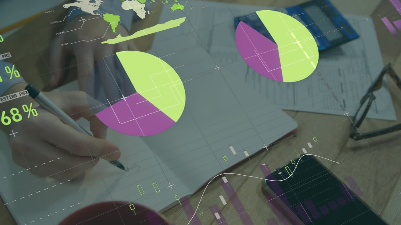 animación de la interfaz infográfica, vista aérea de una chica caucásica escribiendo en un cuaderno