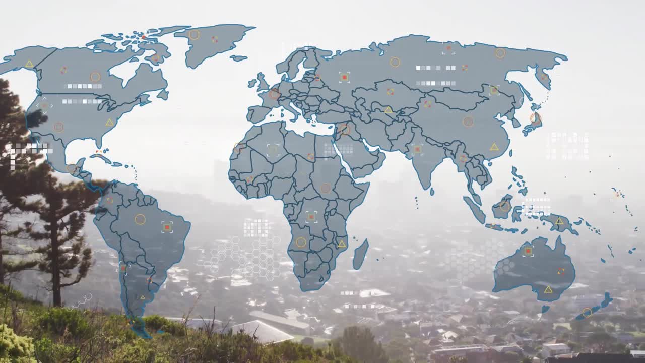 animación de un mapa con símbolos sobre una vista aérea del paisaje urbano bajo el cielo