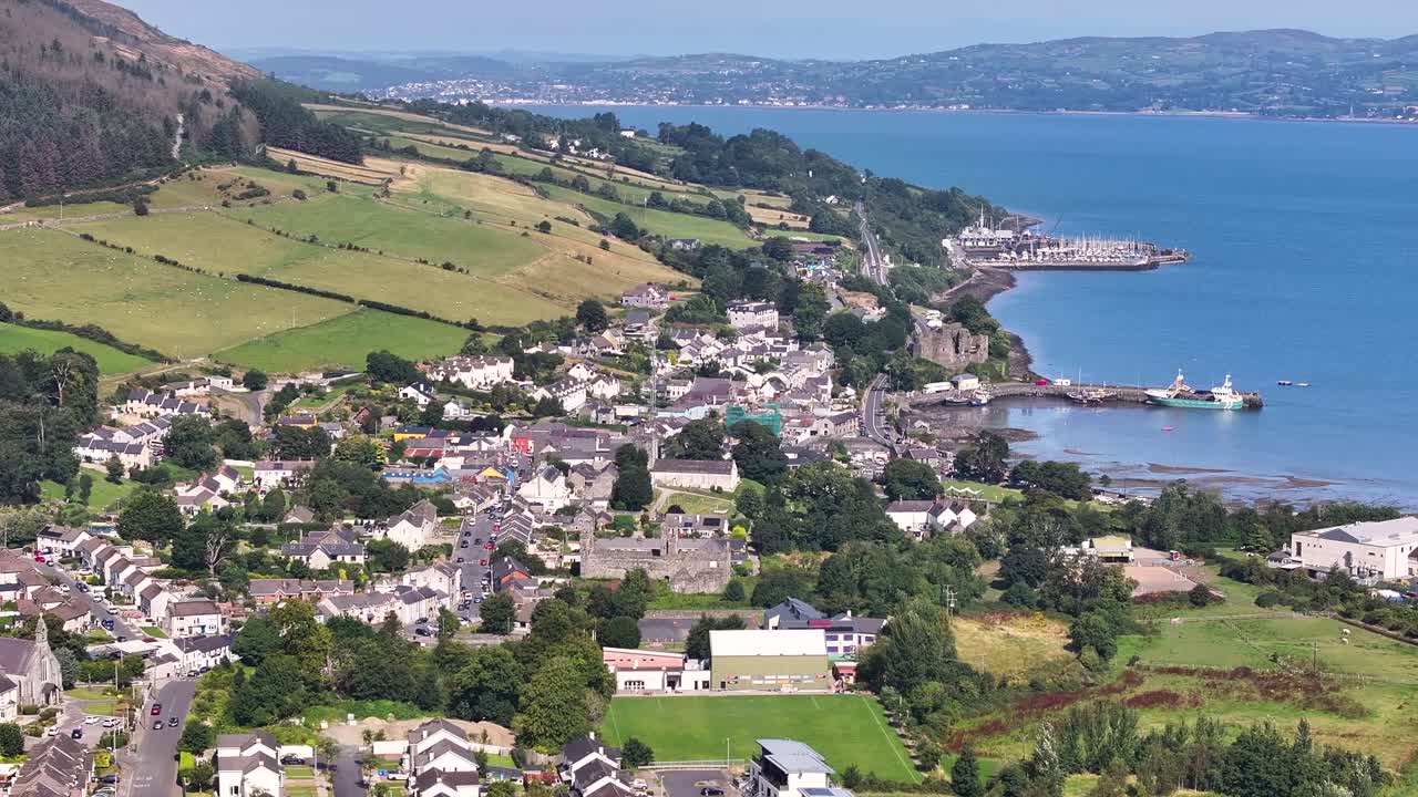 Aerial wide scenic of Carlingford town and bay during morning. Ireland coastal