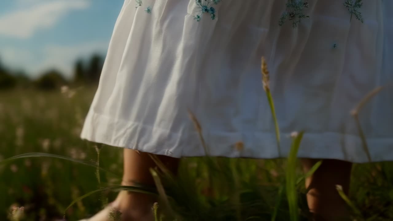 Passi, donna con abito floreale bianco che cammina nell'erba alta, piedi che sfiorano il trifoglio