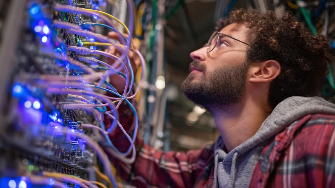 An Engineer Carefully Inspects High-Tech Network Equipment While Managing Colorful Fiber Optic Cables in a Modern Data Center Environment