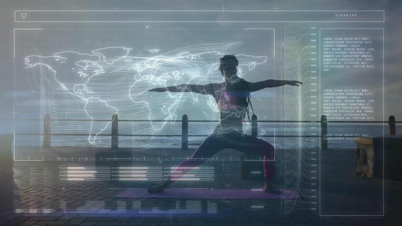 Practicing yoga, person with animation of digital world map on waterfront